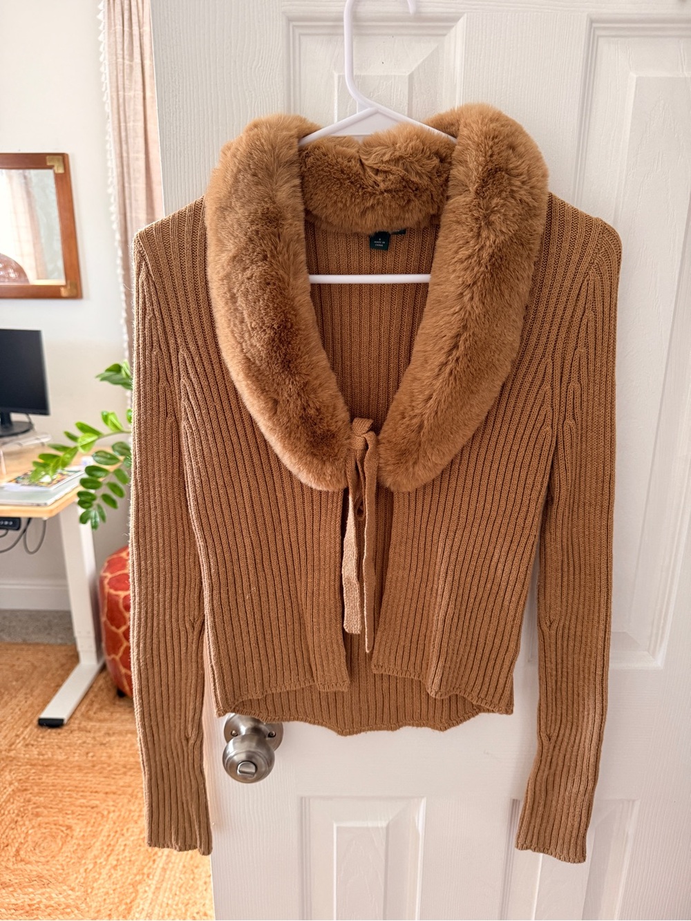 wild fable Faux-Fur Trim Ribbed Cardigan - Camel Brown